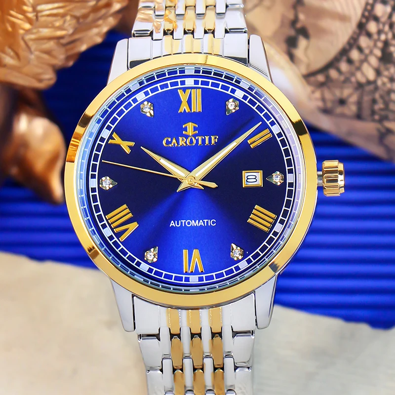 A men's two-tone blue steel strap sports-style casual watch with a round dial and fully automatic mechanical movement