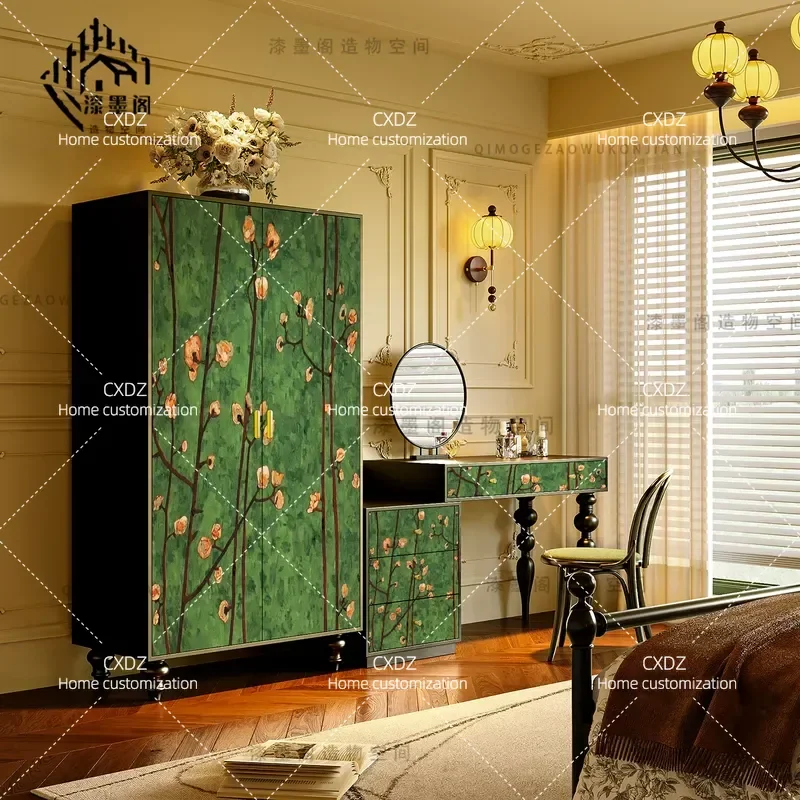 Modern Green Retro Plum Blossom Wardrobe Solid Wood Locker for Living Room Porch Storage Bedroom Dresser Cabinet
