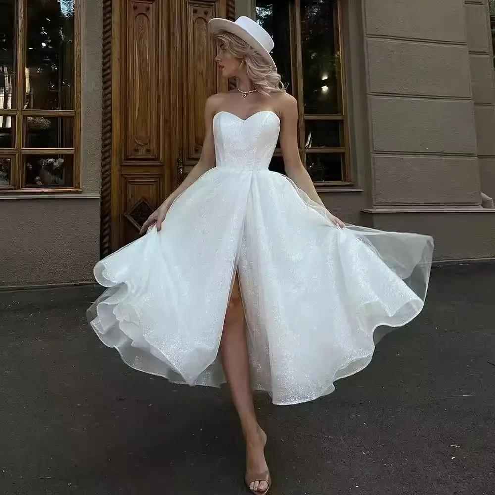 Customized Glitter Wedding Dresses With Pockets Tea-Length Bride Dress Strapless Slit Sexy Dress For Women 2025 Robe De Mariee
