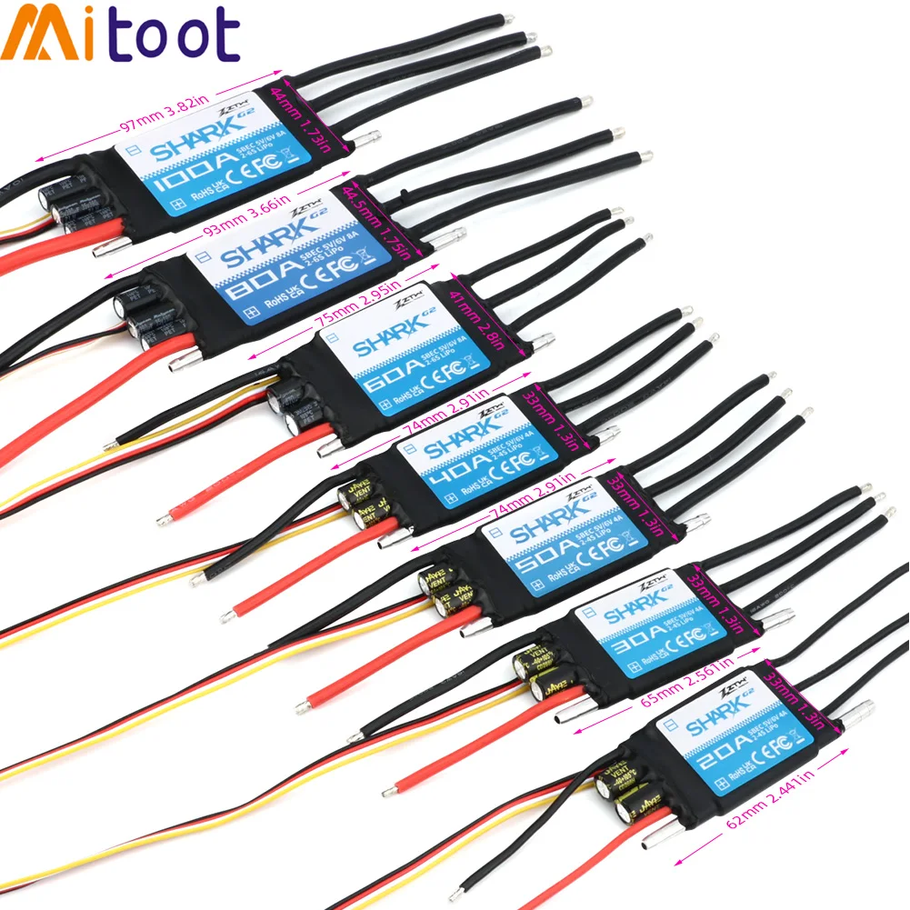 ZTW 32-Bit ESC Shark G2 20A 30A 40A 50A 60A 80A 100A SBEC 5V/6V 8A Bürstenloser Drehzahlregler für RC-Boote und Unterwasser-Thruster