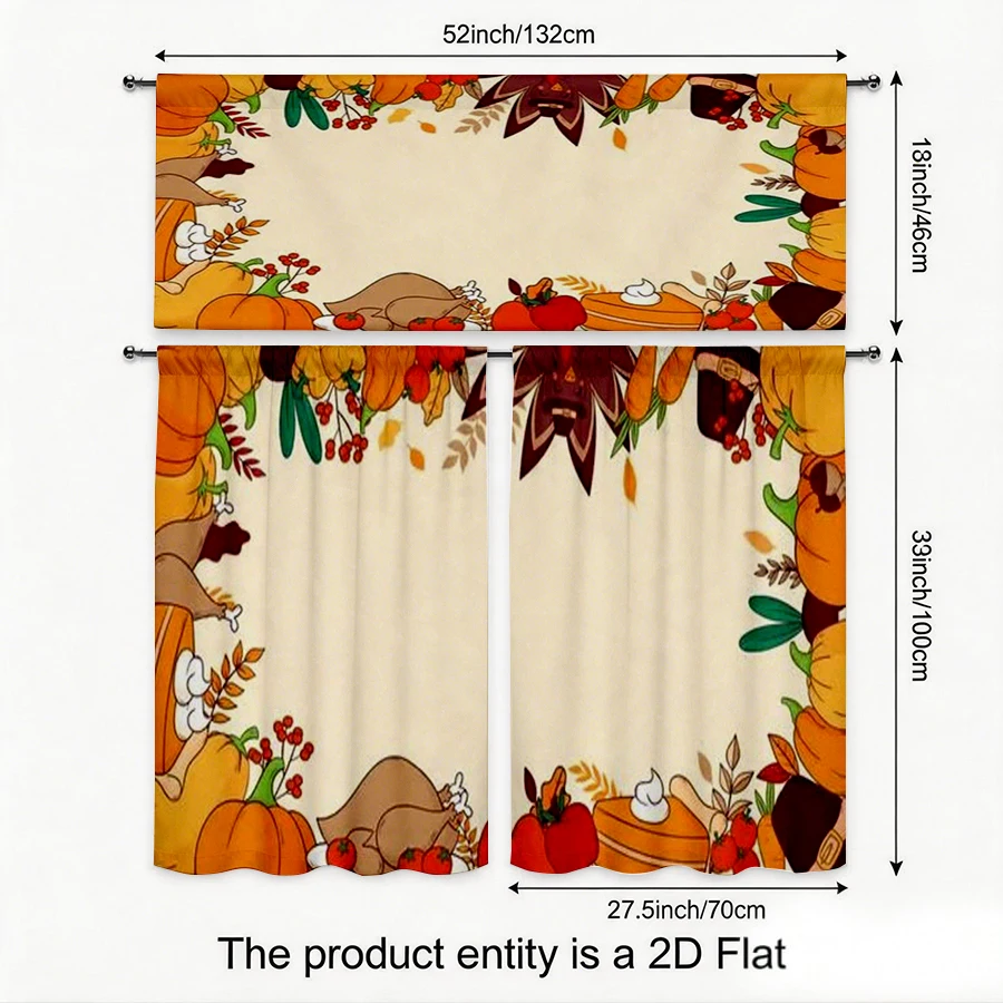 Thanksgiving Fall Kitchen Curtains, Turkey Pumpkin Frame, Digital Print, Kitchen Dining Room, Rod Pocket Polyester, Home Decor