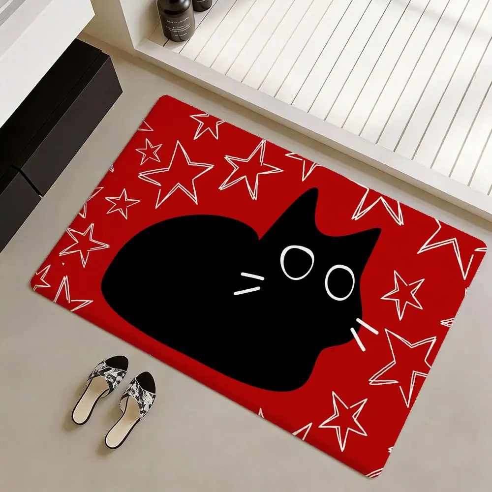 Funky Quirky Black Cat Illustration Floor Mat Soft Flannel Non-Slip Door Mat - Thickened Rug for Living Room Home Decor