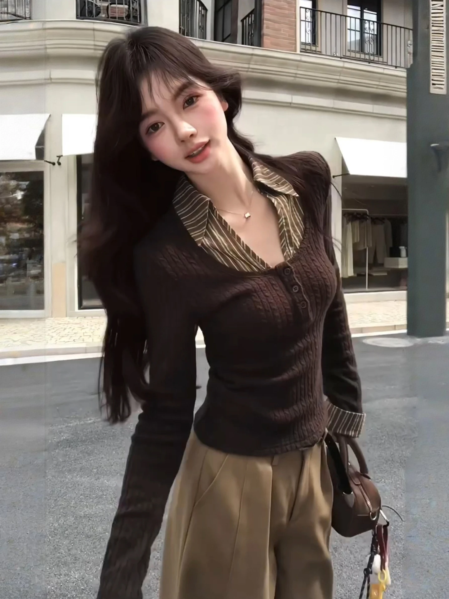 

Korean Style Long Sleeve Knitted Shirt Women's Autumn Winter Slim Fit Base Layer Inner Short Top Fake Two-Piece Turn-down Collar