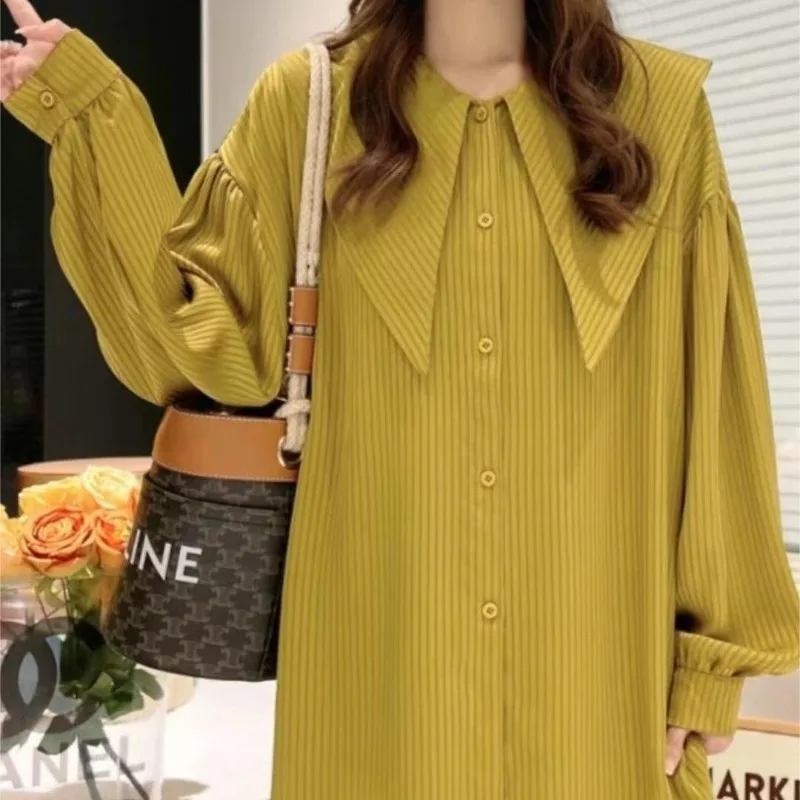 

2023 Spring Women's Cardigan Navy Neck Long Sleeve Solid Button Panel Mid Length Loose Office Lady Fashion Casual Shirt Tops