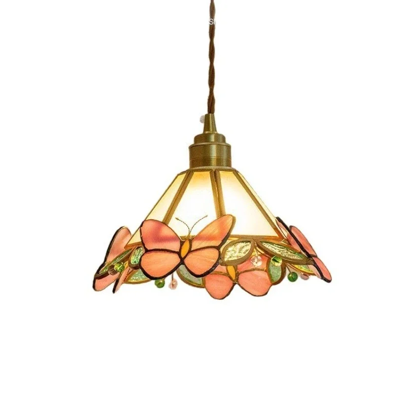 

Bedroom bedside chandelier French vintage pastoral enamel stained glass aisle light Warm and creative butterfly background