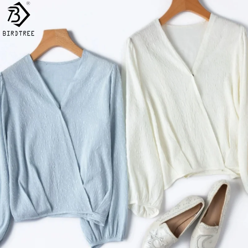 

BirdTree Summer 93% Silk 7% Spandex Shirt,Woman Elastic Crepe V-neck Lantern Sleeve Solid Color Blouse,2025 NewT56921JF