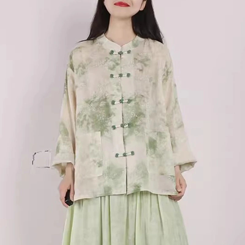 

Chinese Style Women Casual Linen Shirt New Arrival 2025 Autumn Vintage Floral Print Loose Female Long Sleeve Tops Shirts M1767
