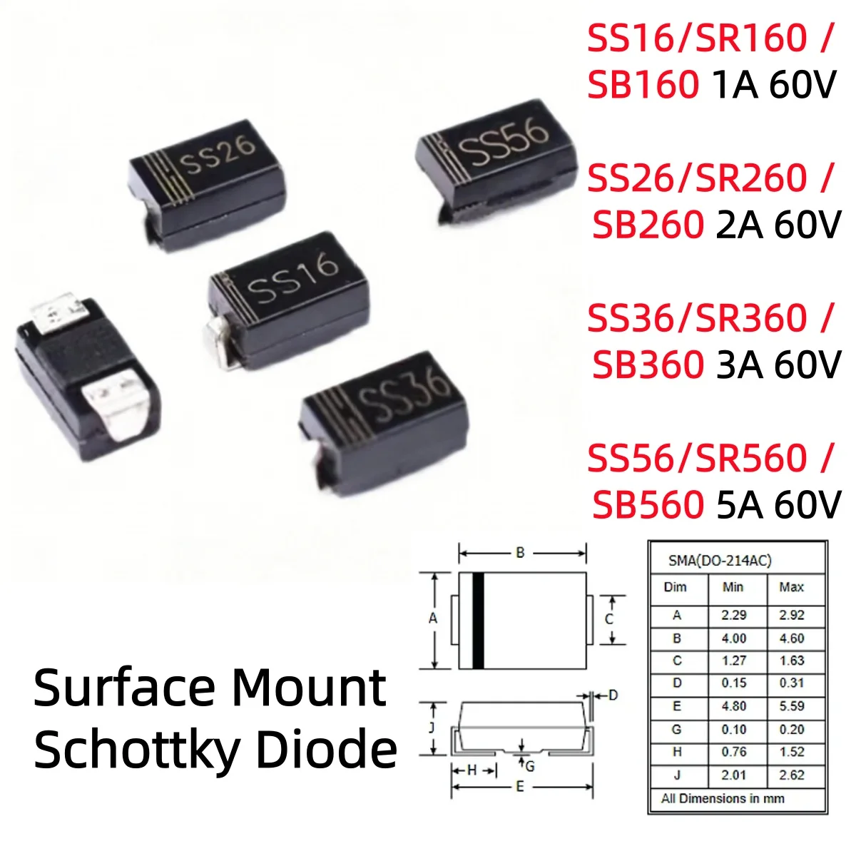 50/100/500Pcs SS16/SR160/SB160 1A SS26/SR260/SB260 2A SS36/SR360/SB360 3A SS56/SR560/SB560 5A 60V SMA Mount Schottky Diode