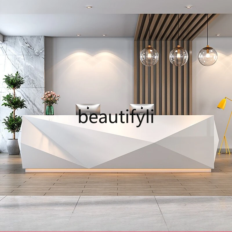

White paint front desk reception desk simple modern company welcome consultation beauty salon bar hotel checkout page
