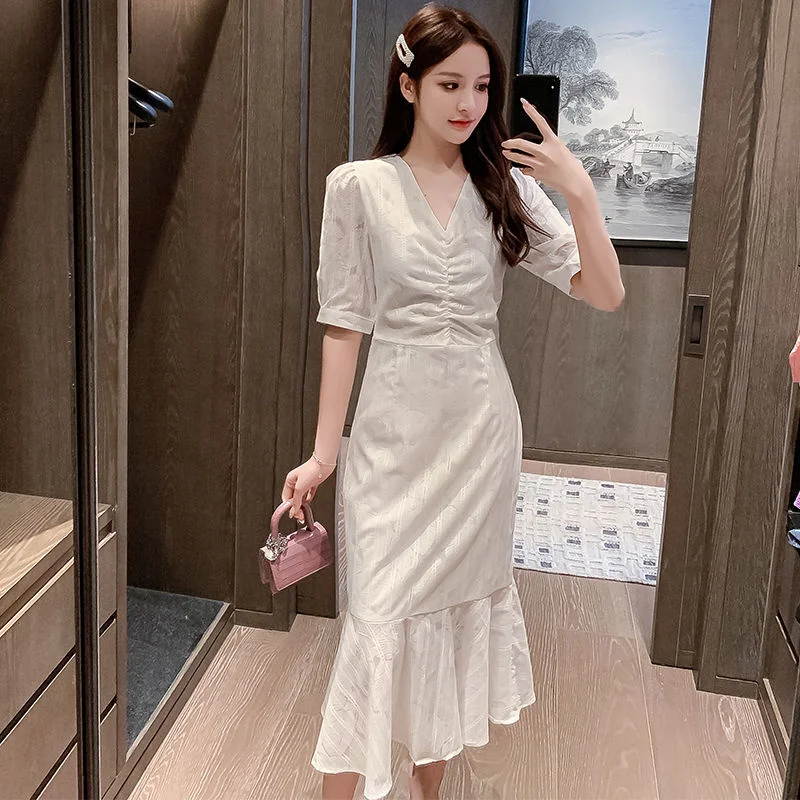 Summer Dress Female Retro V-neck Temperament French First Love White Long Puff Sleeve Slim Elegant Sweet Fairy Fish Tail Dress