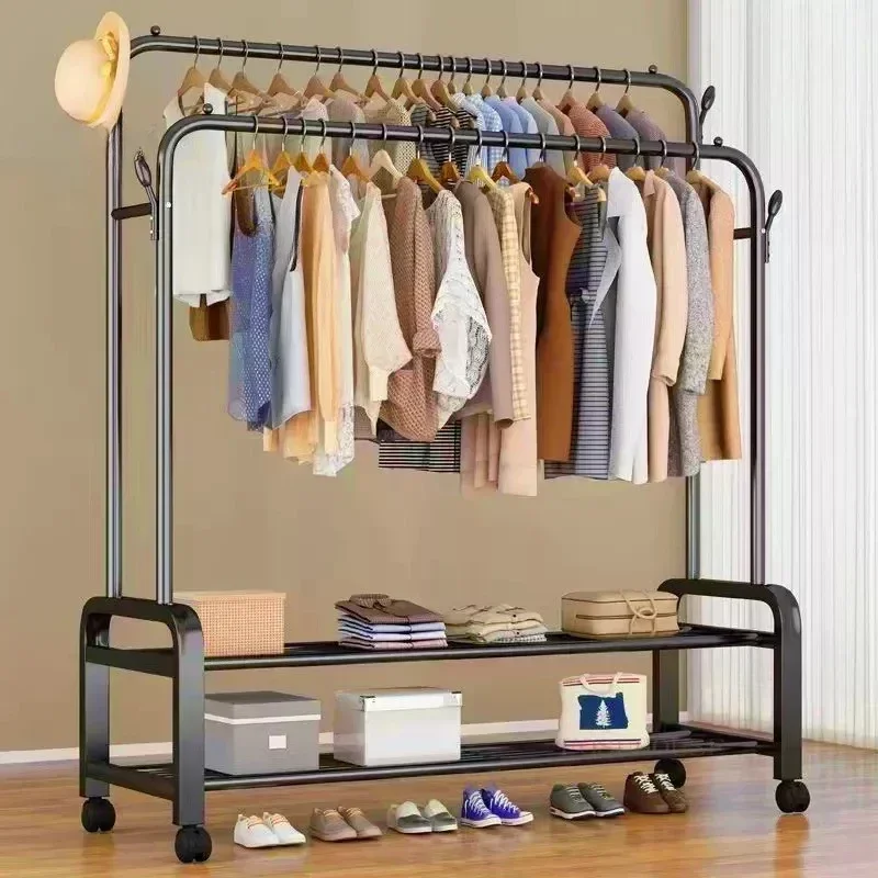 Simple Living Room Coat Racks Home Clothes Hanger Rack Balcony Folding Double Row Laundry Stand Large Capacity Storage Shelf A