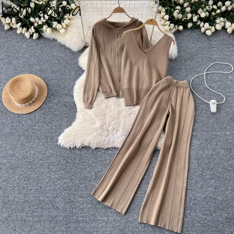 Knitted Three Piece Women's Sets Hooded Cardigan Jacket Sleeveless V-neck Vest High Waist Wide Leg Pants Simple Solid Suit