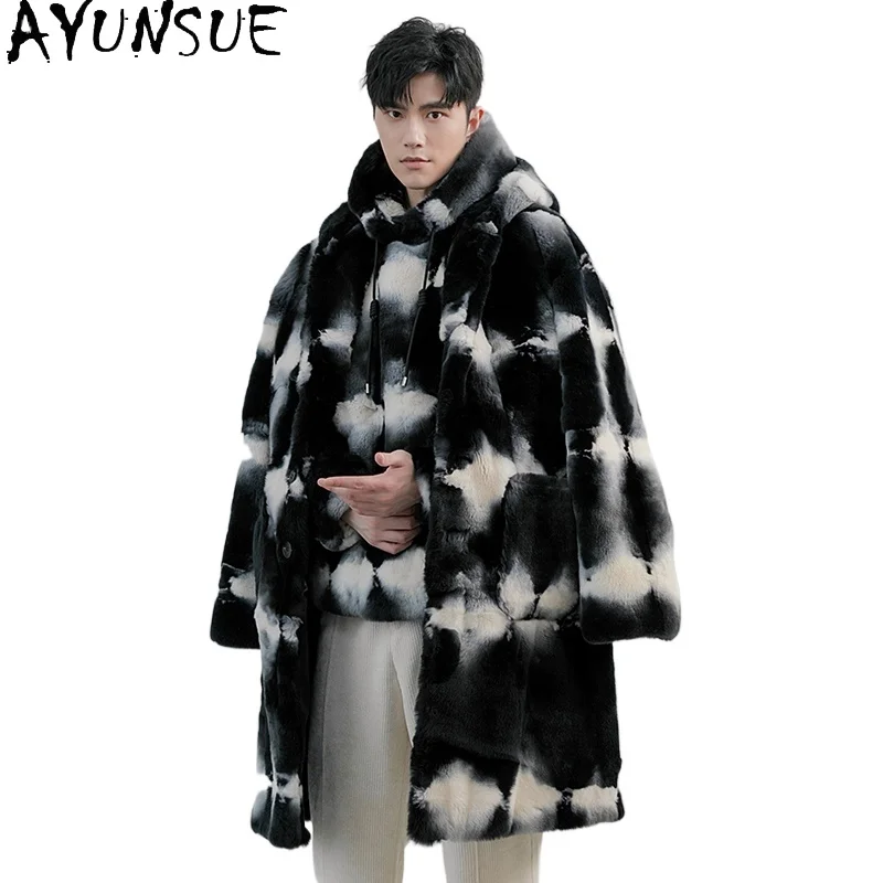 AYUNSUE Natural Rex Rabbit Fur Jacket for Men Warm Winter High-end Luxury 2025 Mid-length Real Fur Coat Hooded Men's Fur Jackets