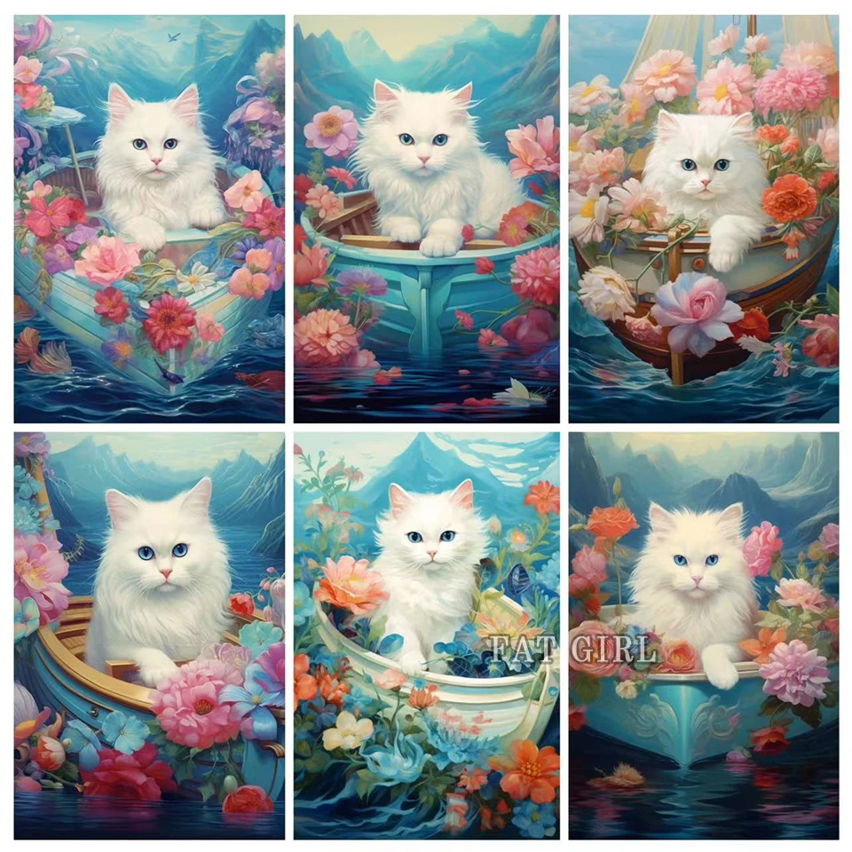 5D DIY Animal Cat Diamond Painting Cross Stitch Flower Boat Wall Art Full Round Drill Embroidery Mosaic Rhinestone Home Decor