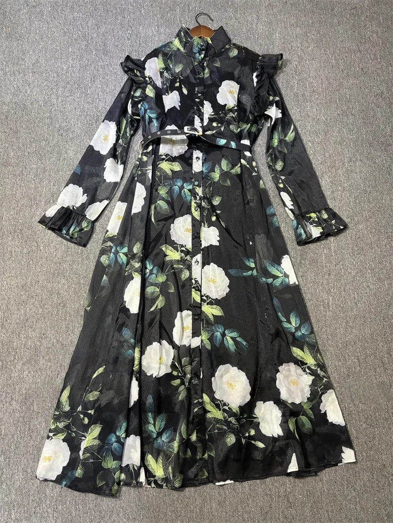 

Plus Size 2026 Black/Yellow Print Long Women Dress Bohemian Stand Collar Flare Long Sleeves Holiday Dresses With Belt 60708
