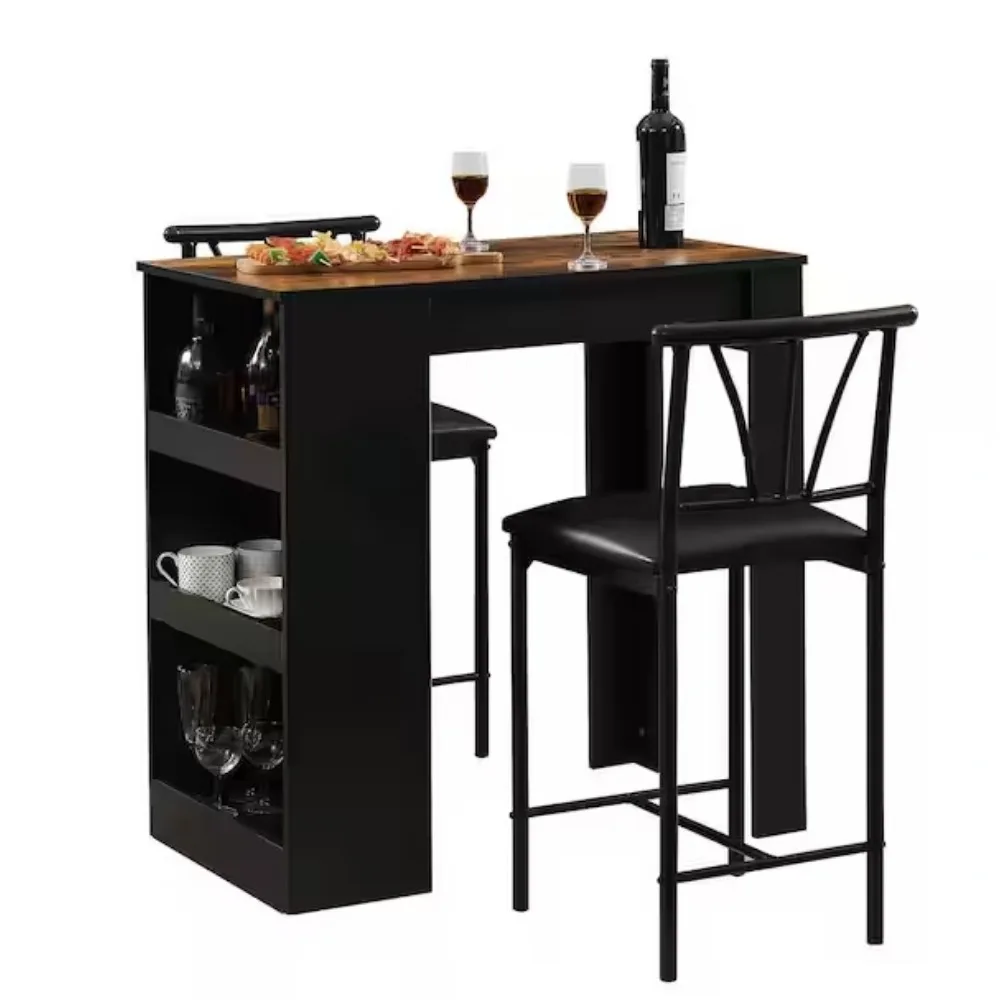 Meja dan Kursi Bar Kecil, Set Makan untuk 2, Rak Penyimpanan, Hemat Ruang, Set Makan Retro, Abu-abu