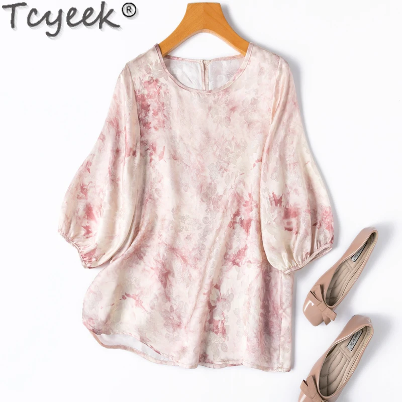 

Tcyeek 100% Mulberry Silk Blouse Fashion Summer Clothes 2024 20mm Silk T-shirt Short Sleeve Womens Tops Elegant Female Blouses