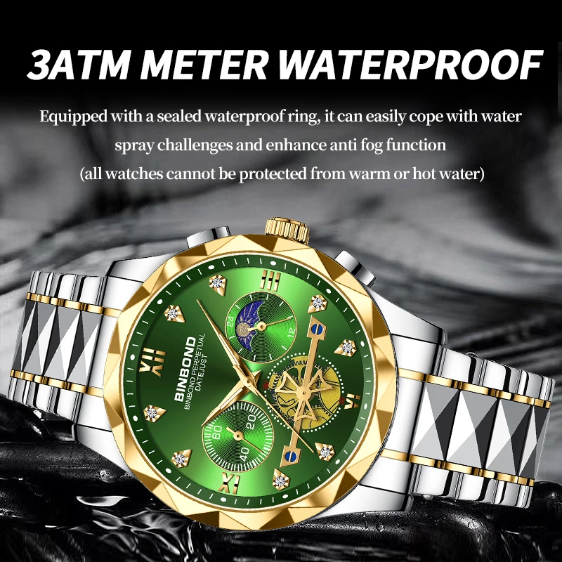 BINBOND Luxury Watch For Man 30M Waterproof Luminous Date Week Stainless Steel Men Watch Casual Chronograph Quartz Men\'s Watches