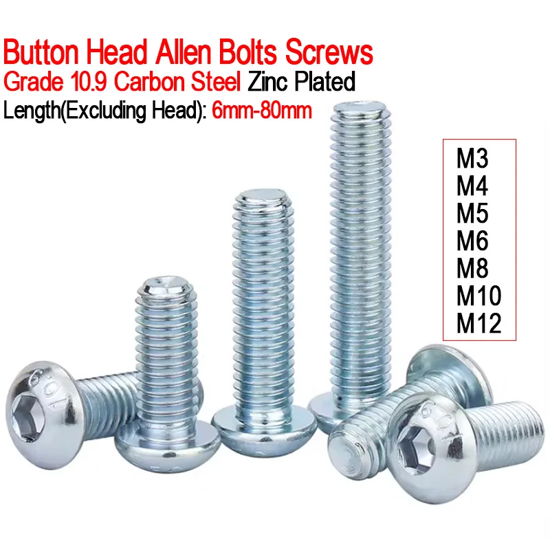 M3 M4 M5 M6 M8 M10 M12 Allen Screws Grade 10.9 Zinc Plated Carbon Steel Hexagon Hex Socket Button Head Bolts 2/5/10/20/50Pcs