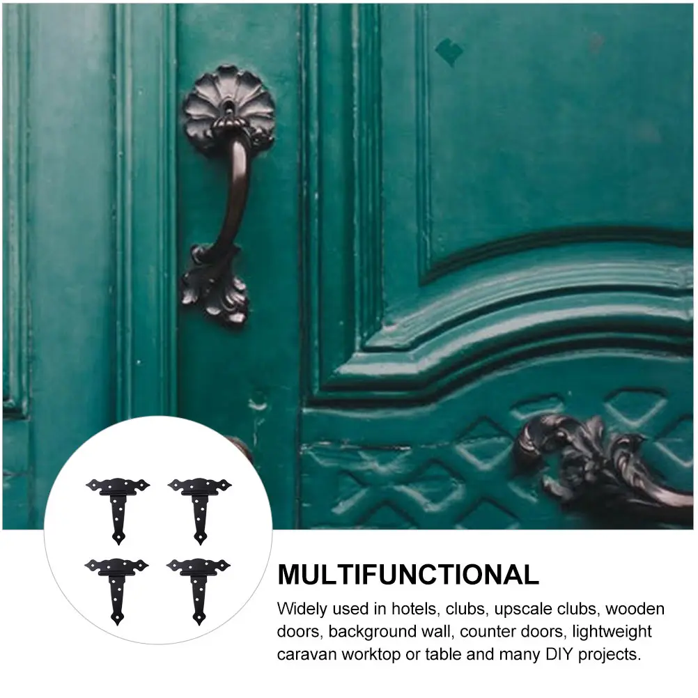 

4pcs Black Painted T-Shape Hinges Durable Iron Door Hinge Replacement Silent 8 Screw Holes Wooden Gate Door Fit Hotels Clubs Diy