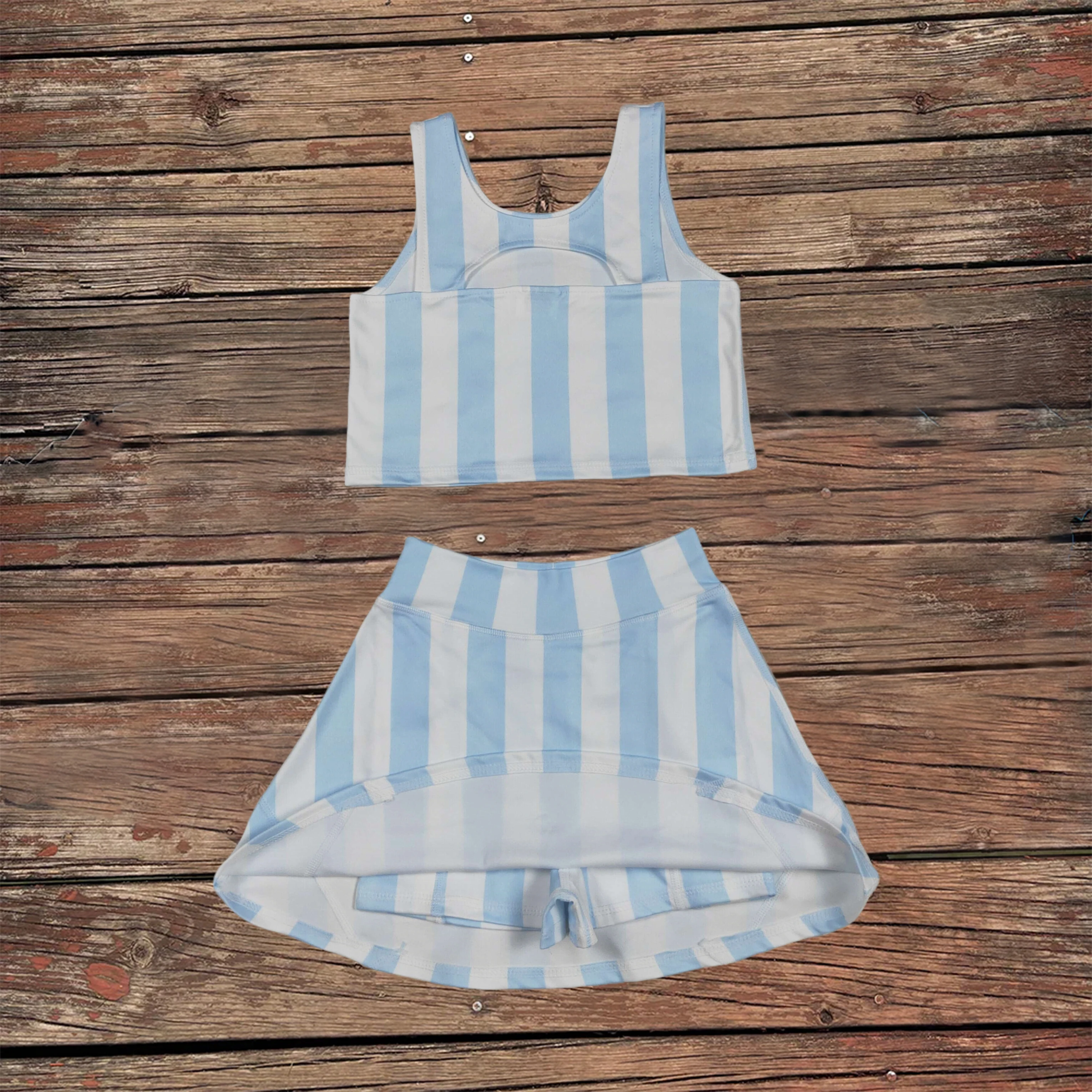

Wholesale Baby Girl Blue Stripes Active Wear Clothes Summer Vest Top Tennis Sport Skorts Sets Toddler Kids Children Outfits