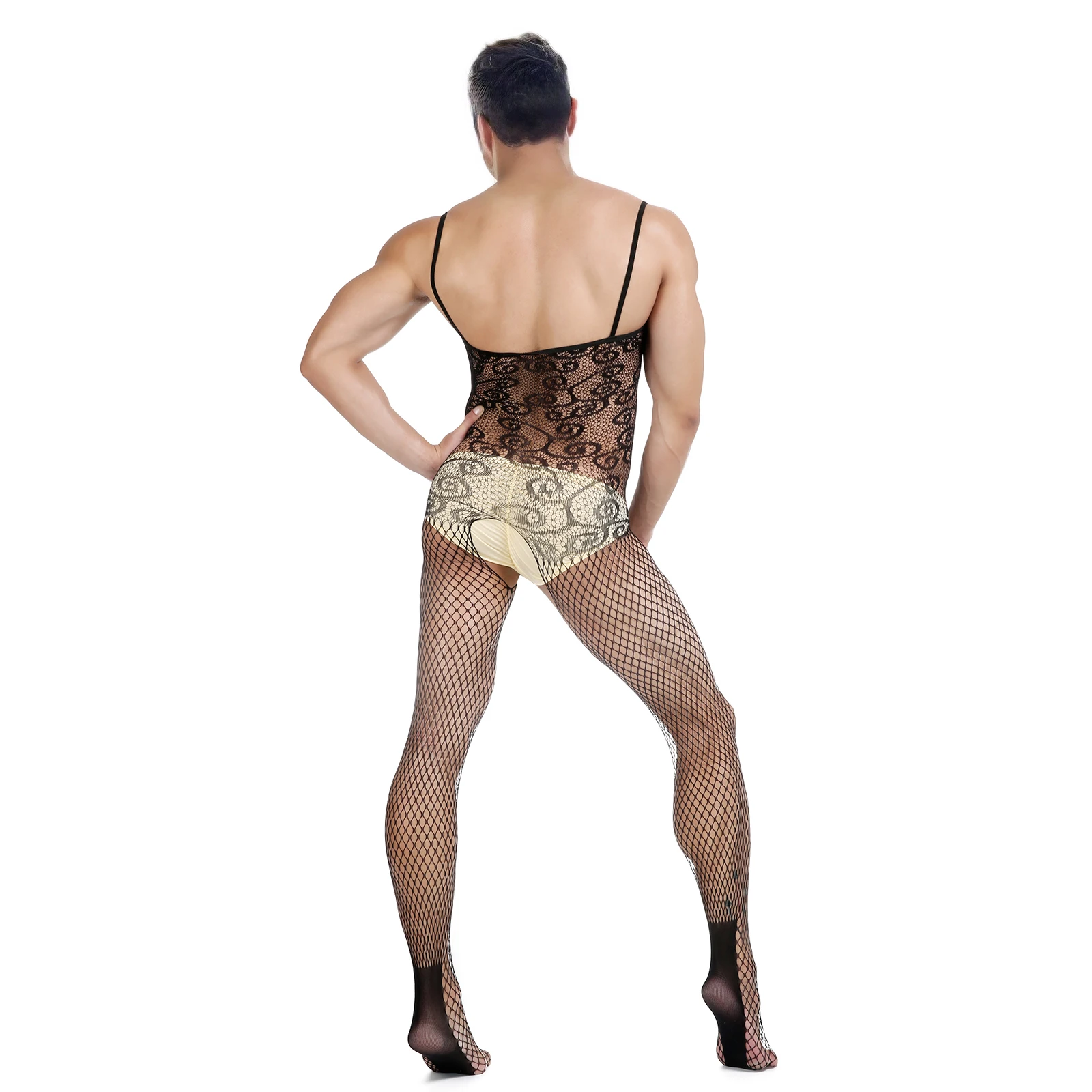 CLEVER-MENMODE Men Jumpsuit Fishnet Sexy Lingerie Pantyhose Crossdress Lace Spaghetti Bodysuit Stockings Buttocks Crotchless