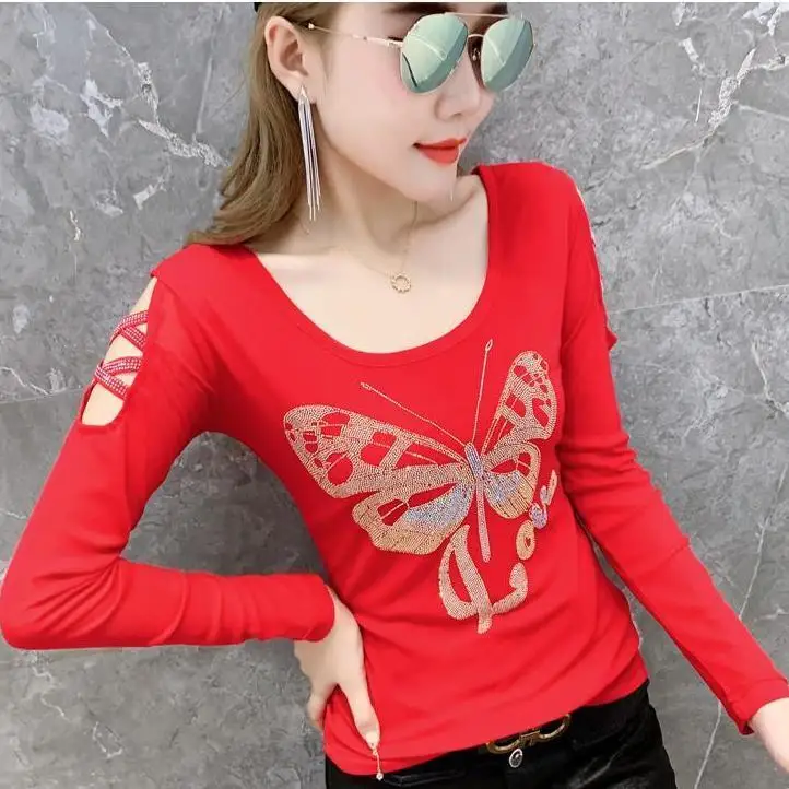 Black Red Mesh Elastic Slim Tops Autumn Spring Diamonds Sexy Backless Long Sleeve T-shirt Women Clothing Trend Off Shoulder Top