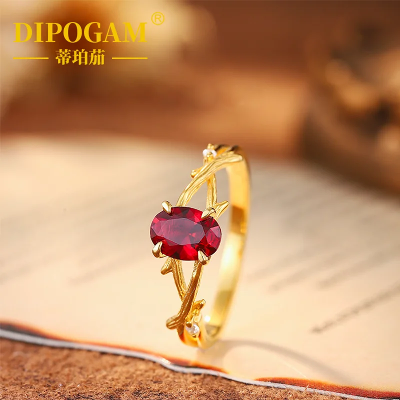 

925 Silver Oval Cultivated Blood Red Ruby Ring Unique Design Branch Shape Ring Individualistic Fashion Jewelry Accessory