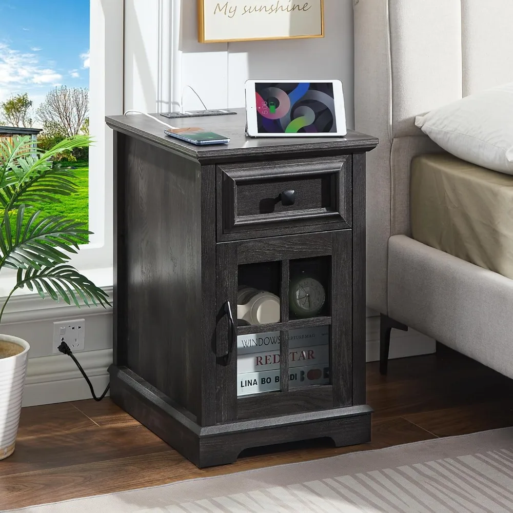 

End Table with Charging Station, with USB Ports and Outlets, Nightstand with Drawer and Glass Door Storage, for Living Room,