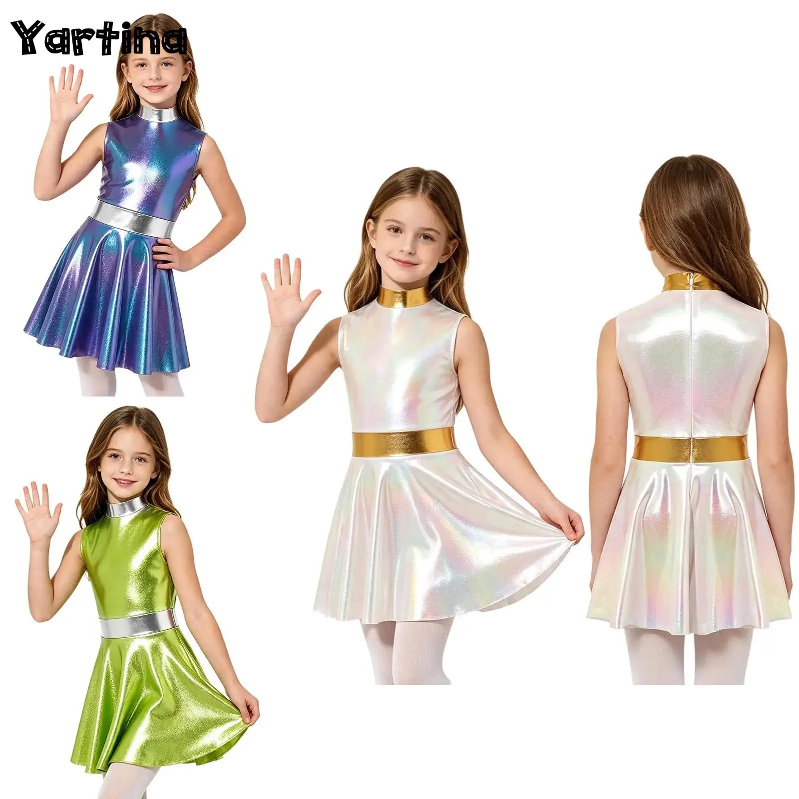 Robe métallique sans manches à col montant et fermeture éclair invisible au dos, costume de performance cosplay de danse jazz de chanteuse holographique pour filles