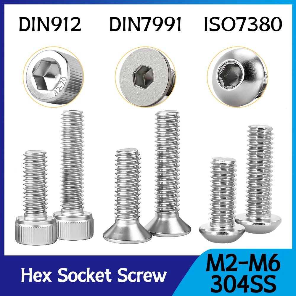 Wholesale 304 Stainless Steel Hex Socket Screw M2 M2.5 M3 M4 M5 M6 Metric Metal Machine Bolt Hexagonal Allen Screws 50-200Pcs