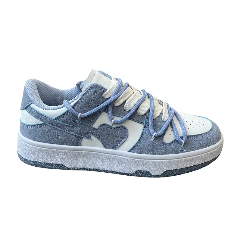 Zapatillas de deporte informales azules para mujer, zapatos blancos con cordones, moda de corazón femenino, novedad de verano