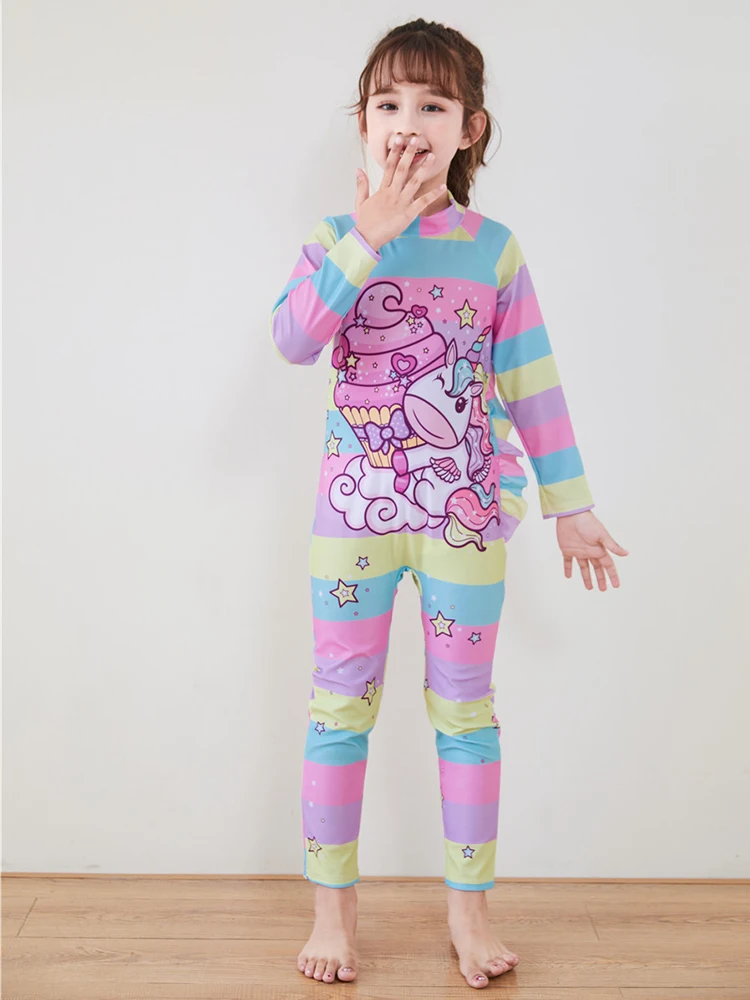 One-Piece Children Swimsuits Kid Swimwear Girls Long Sleeve Sun Protection with swimming caps 2Pcs Set 3 4 5 6 7 8 9 10 11 Years