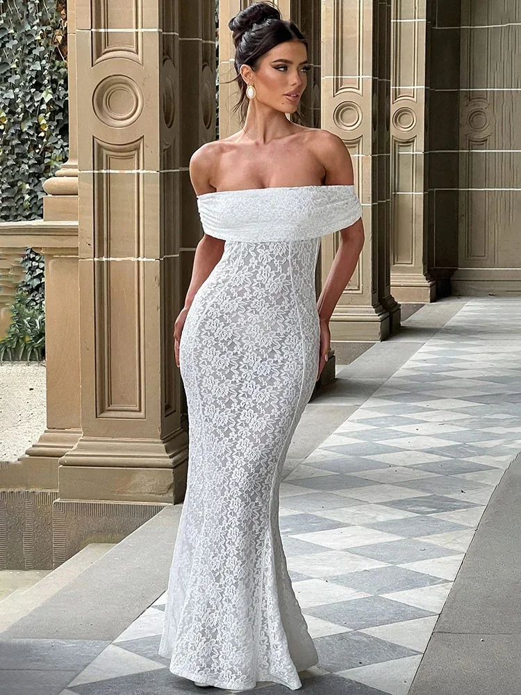 

Hollow Out See Through Sexy Maxi Dress Women Elegant Off-shoulder Strapless Backless Sleeveless Club Party Dress