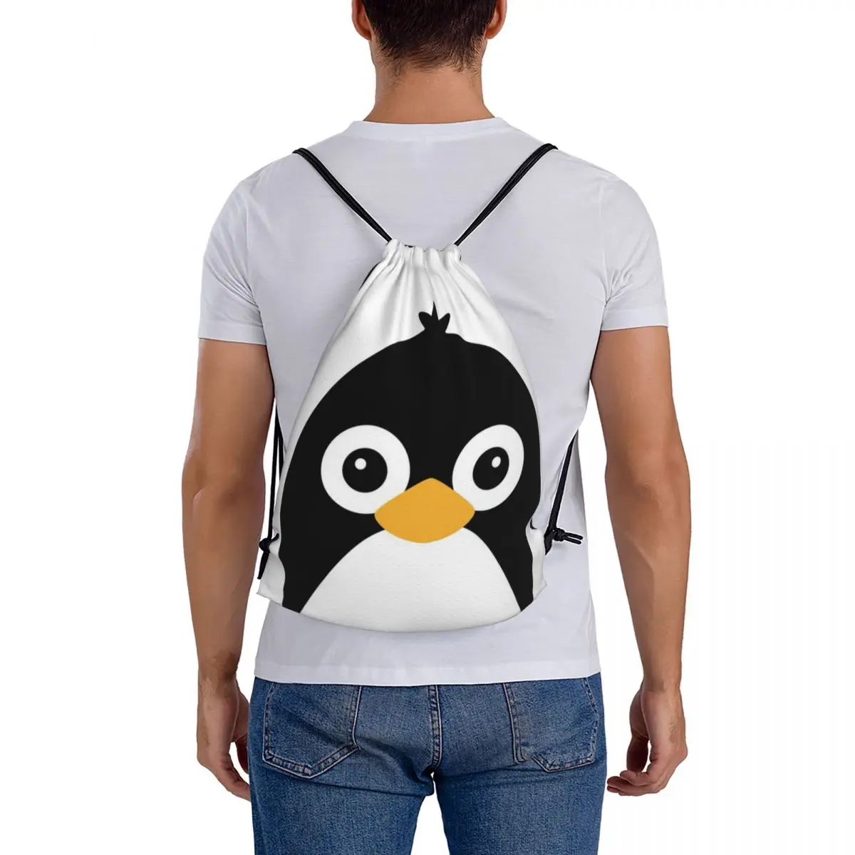 Portátil Drawstring Pinguim Mochila, Bundle Bolso, Sports Bag, Book Bag, Viagens, Estudantes, Bonito, Vector