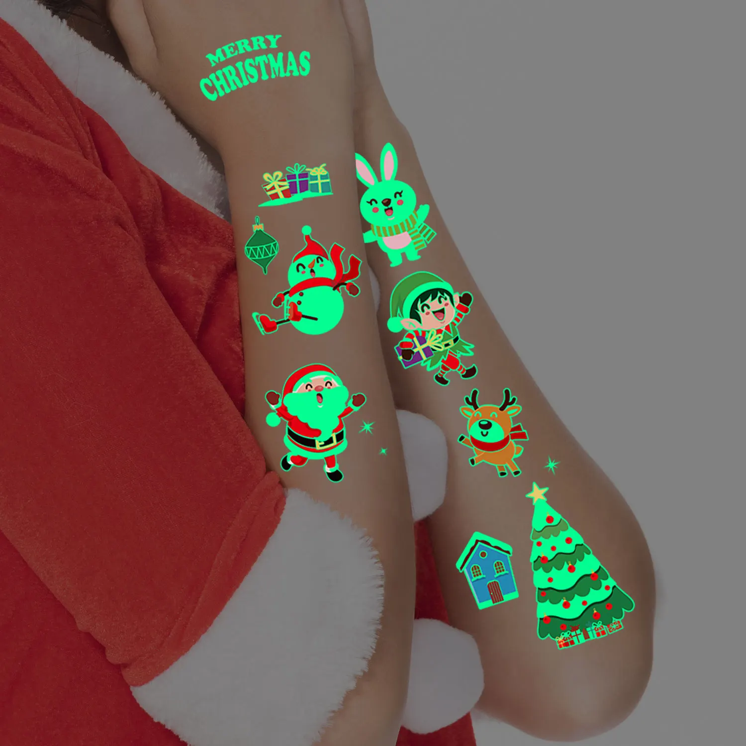 10 ورقات من 92 ملصقات وشم مضيئة بنمط سلسلة عيد الميلاد الكرتونية، وشم مؤقت يتوهج في الظلام، أنماط عنصر عيد الميلاد سانتا كلوز رجل الثلج الأيائل لتزيين عيد الميلاد، ملصقات وشم وهمية واقعية لتزيين عيد الميلاد، مناسبة كهدايا عيد الميلاد