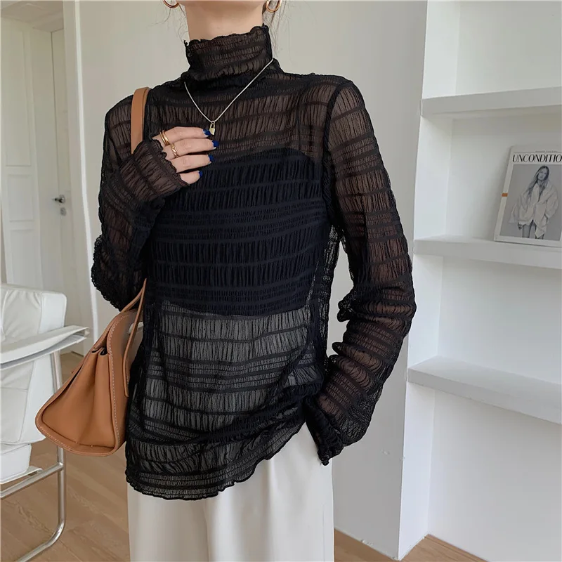 Fall Winter New Women\'s Fashion Bubble Lace Bottoming Shirt Comfortable Casual Temperament Within Mesh Half-High Neck Blouse