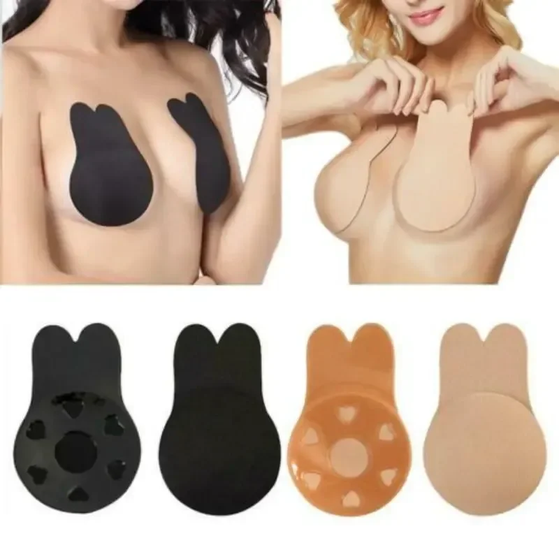 Women Push Up Bras Self Adhesive Silicone Strapless Invisible Bra Reusable Sticky Breast Lift Tape Rabbit Nipple Cover Bra Pads