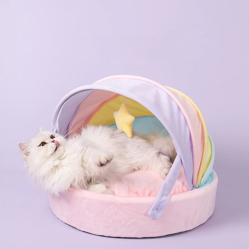 Cat House Bed Cute Cat Bed Rainbow Tent Pet Dog Sleeping Pad Winter Warm Deep Sleep Cat Nest Comfortable Breathable Cat House