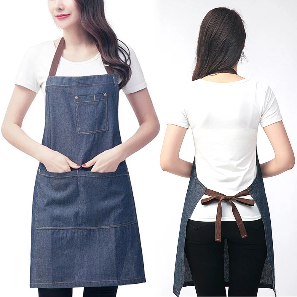 Adjustable Jean Apron Kitchen Baking Cooking Aprons Denim Waiter Neck Pockets Hanging for Hairdresser Waiter Carpenter