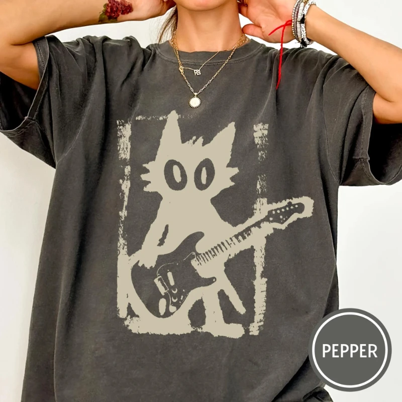Rockstar-Katzen-T-Shirt, Retro-Katzen-T-Shirt im Y2K-Stil, Rock-Katzen-T-Shirt, E-Gitarren-Katzen-Rundhals-Shirt – Detail 6