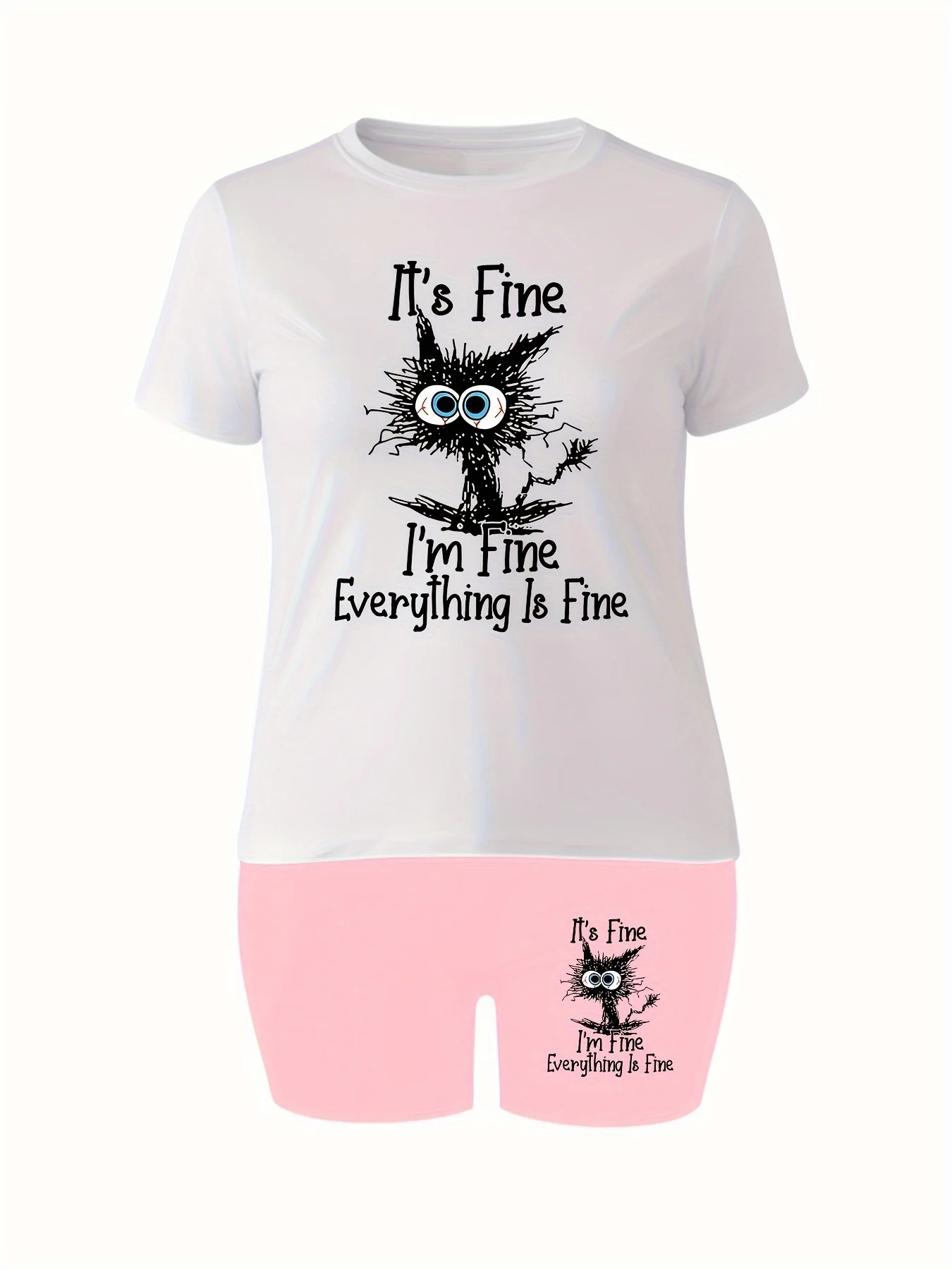 Plus size Two-Piece Casual Sport Outfit Set for Women - White Short Sleeve T-Shirt with Humorous Everything Is Fine Cat Print