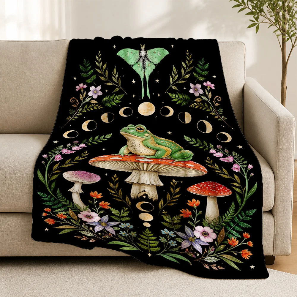 Bohemian Woodland Mushroom Frog Print Throw Blanket Sofa Cover Gothic Cottagecore Nature Decor Art Gift