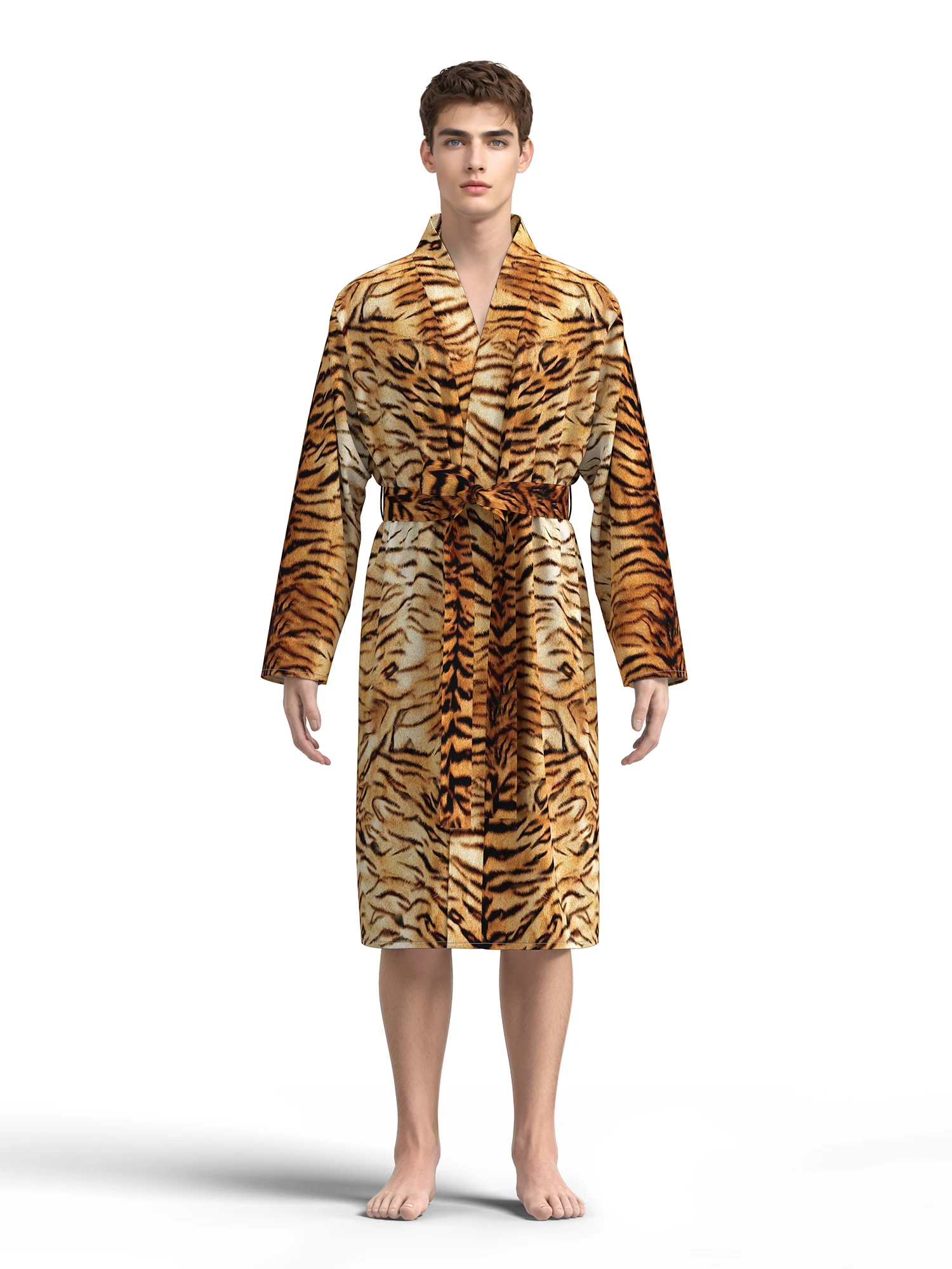 2026 New Men's Home Pajamas 3D Digital Tiger Print Full Print Casual Yukata Thin Section with Belt Can Be Weared All Seasons