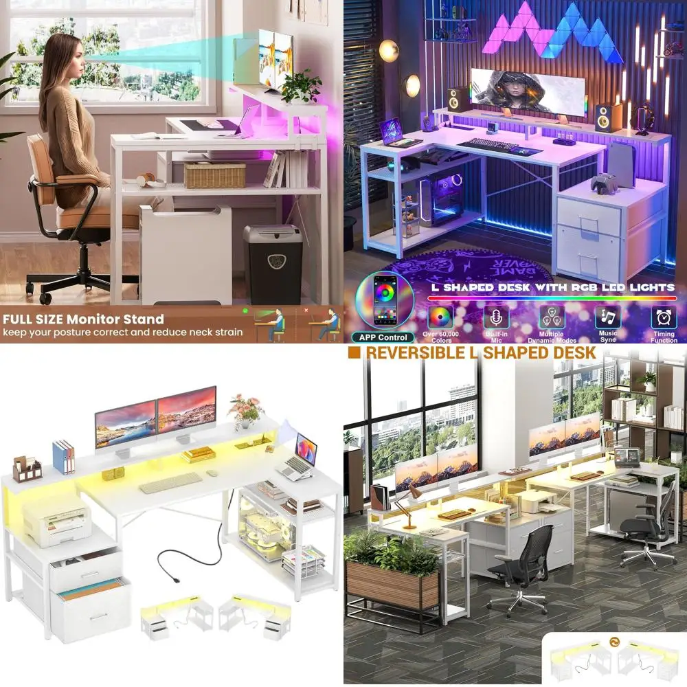 White Corner L-Shaped Desk with File Drawer, Monitor Shelf, Storage, Power Outlet, and LED Strip for Home Office and Gaming