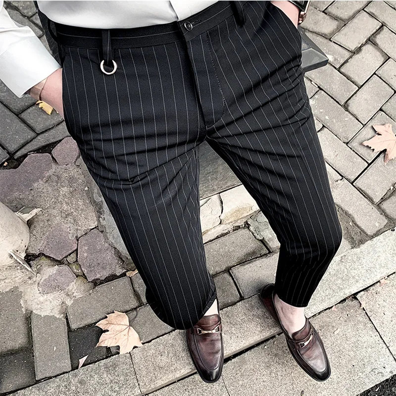 Men\'s Suit Pants Dress Pants New Stretch Slim Straight Black Striped Formal Pants Boutique Fashion Men\'s Clothing Ankle Trouser