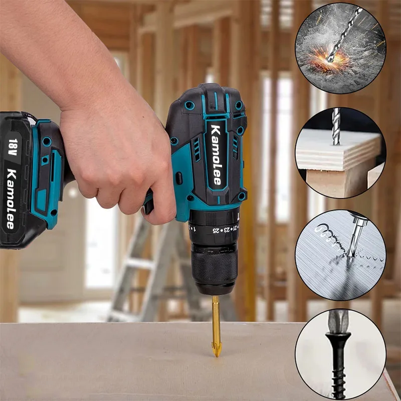 Kamolee 브러시드 무선 전기 임팩트 드릴, 가정용 DIY 전동 공구, Makita 18V 배터리, 13mm