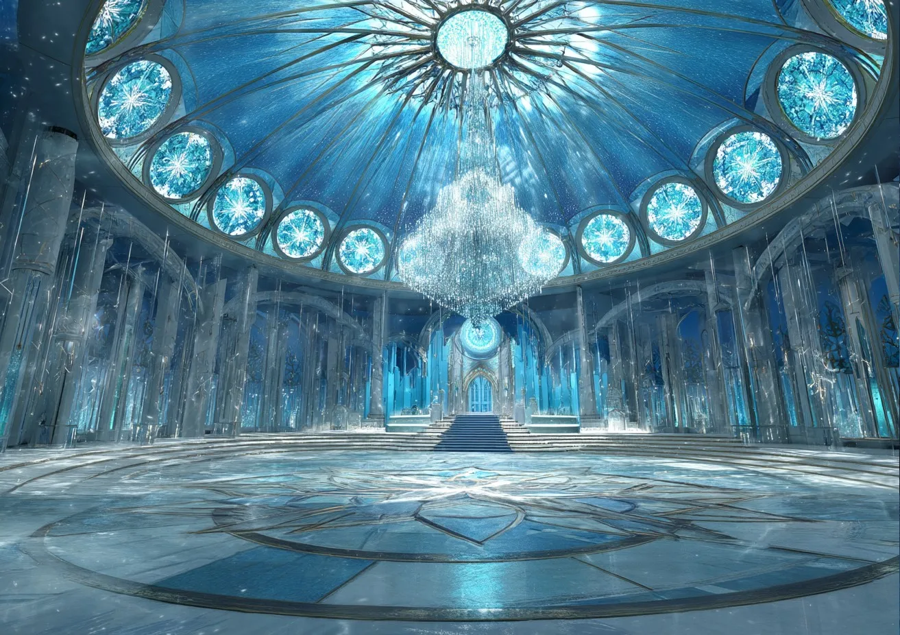 

Фон для фотосъемки: Замок из льда, бальный зал, интерьер Frozen, люстра, стеклянные снежинки, мраморная стена, зимний фон