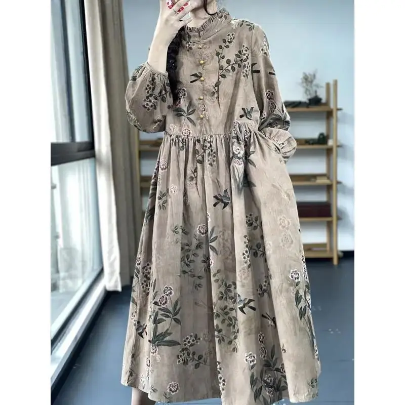 Fashion Stand Collar Spliced Loose Folds Printed Vintage Dress Women\'s Clothing 2024 Spring New Oversized All-match Midi Dress