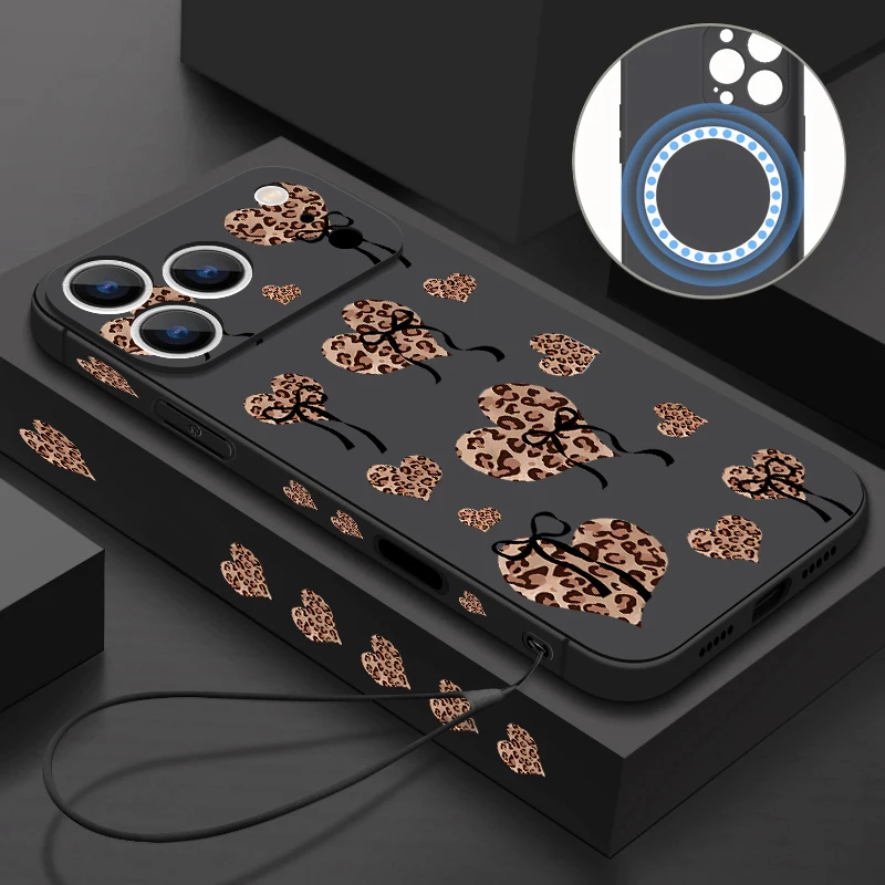 Magnetische Schutzhülle für iPhone 17 Pro Max Air 16E 16 15 14 13 12 Pro Max 11 Leopardenmuster Herz Schleife bedruckte TPU-Abdeckung